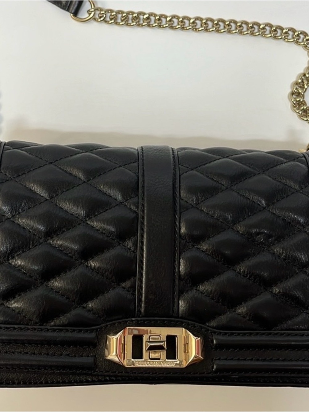Rebecca Minkoff Black Quilted Leather Crossbody with Gold Chain